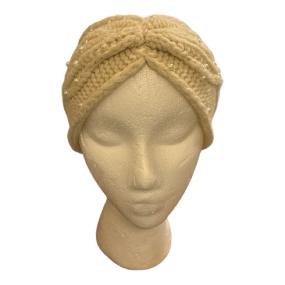 NWT Anthropologie Cream Knit Headband Turban with Pearl-like Beads (022)
